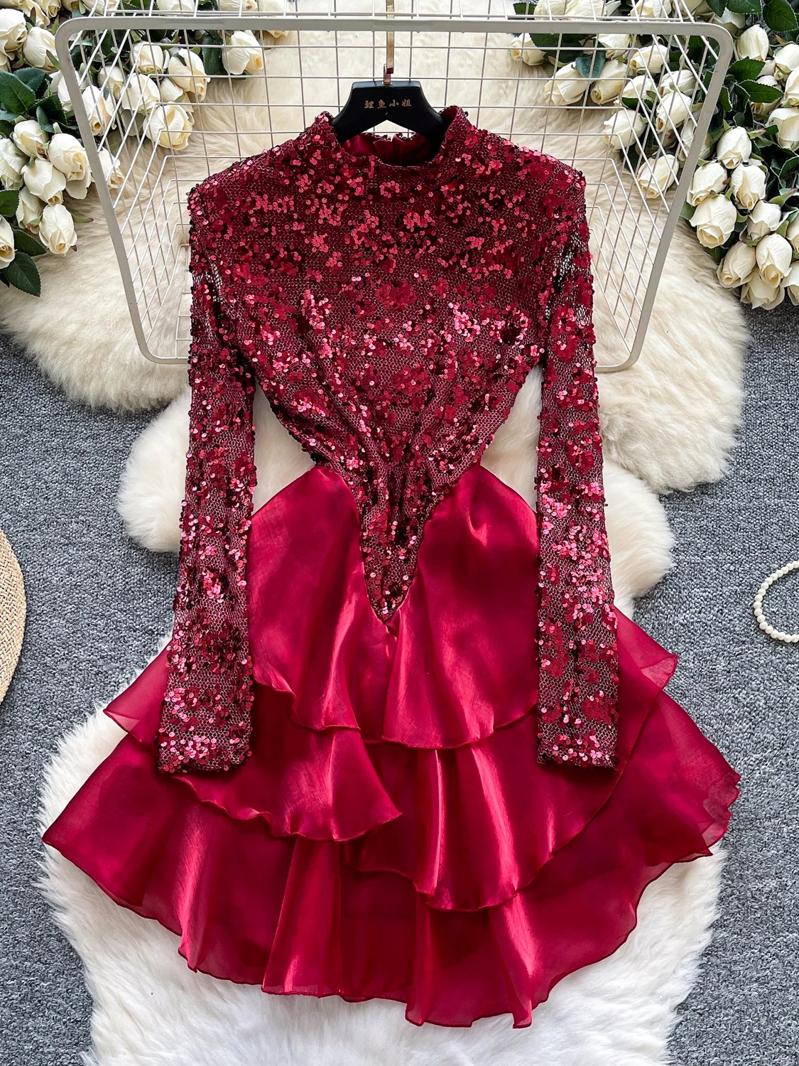 

Женская юбка-кейк с пайетками, длинным рукавом, завышенной талией, А-силуэта, корейский стиль, для офиса, летняя, из полиэстера