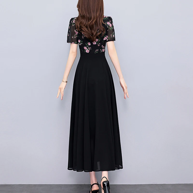 Letnia sukienka szyfonowa w kwiaty, elegancka, dopasowana, wyszczuplająca w talii, w stylu vintage, czarna, długa sukienka na imprezę, wieczór, Vestidos, nowość na lato 2025.