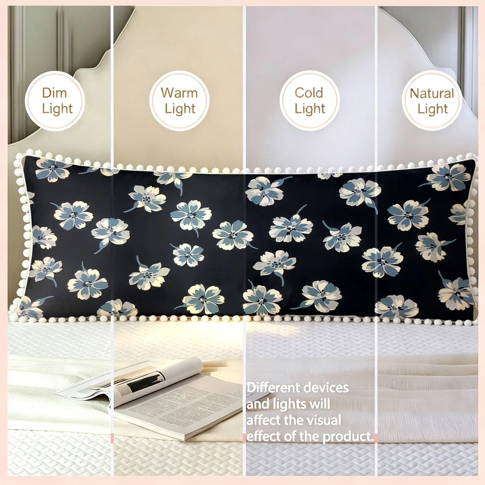1PC Black Background with Blue White Large Flowers, Modern Bold Contrast Floral Long Pillow Cover with Pom Pom Trim, Bedroom S