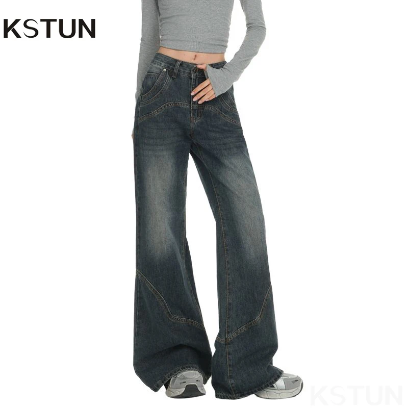 

KSTUN 2025 женские свободные расклешенные джинсы, джинсовые брюки средней длины в стиле пэчворк, винтажная уличная одежда, широкие джинсы для женщин