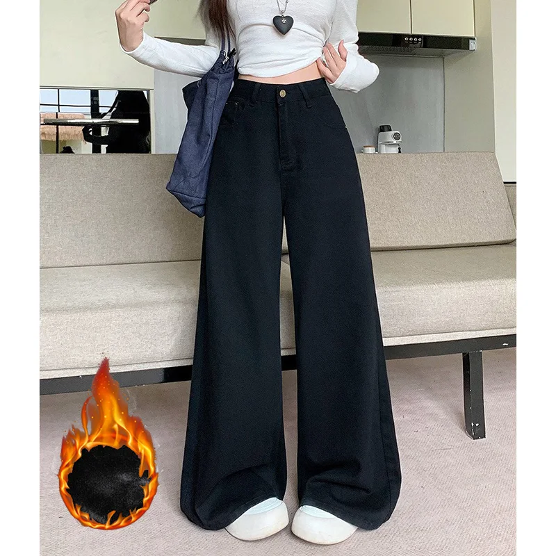 2026 Winter Lady High Waist Plush Jeans Female Snow Warm Velvet Solid Trousers Girls Korean Baggy Thermal Denim Pants