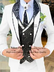 White Men Suits Shawl Lapel Groom Wedding Tuxedos 3 Pcs Sets Jacquard Vest Male Prom Blazers Slim Fit Groomsmen Terno Masculino