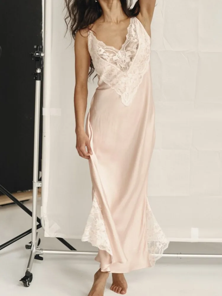 

Party Dresses For Woman Sexy Patchwork Evening Dress Lace Suspender Vestidos Simple Style Contrast Backless V-link Robe Trendy