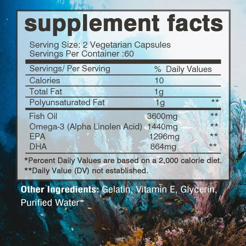 Omega-3 Fish Oil Capsules -rich in EPA, DHA - Support Brain & Cardiovascular & Skin Health, Antioxidant & Improve Memory