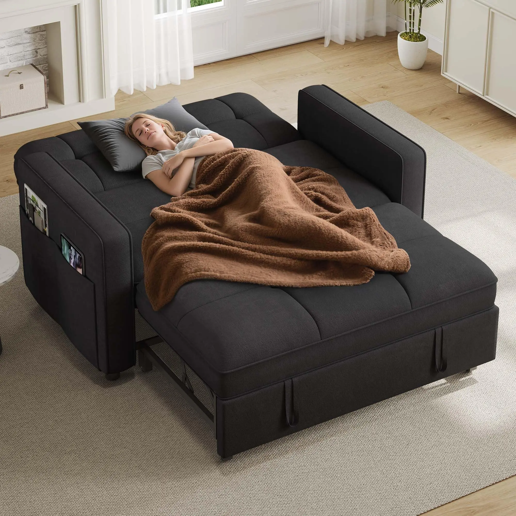 

3-In-1 Convertible Sofa Bed Modern Loveseat Sleeper With Pull-Out Chaise USB Ports Side Pockets Compact Black