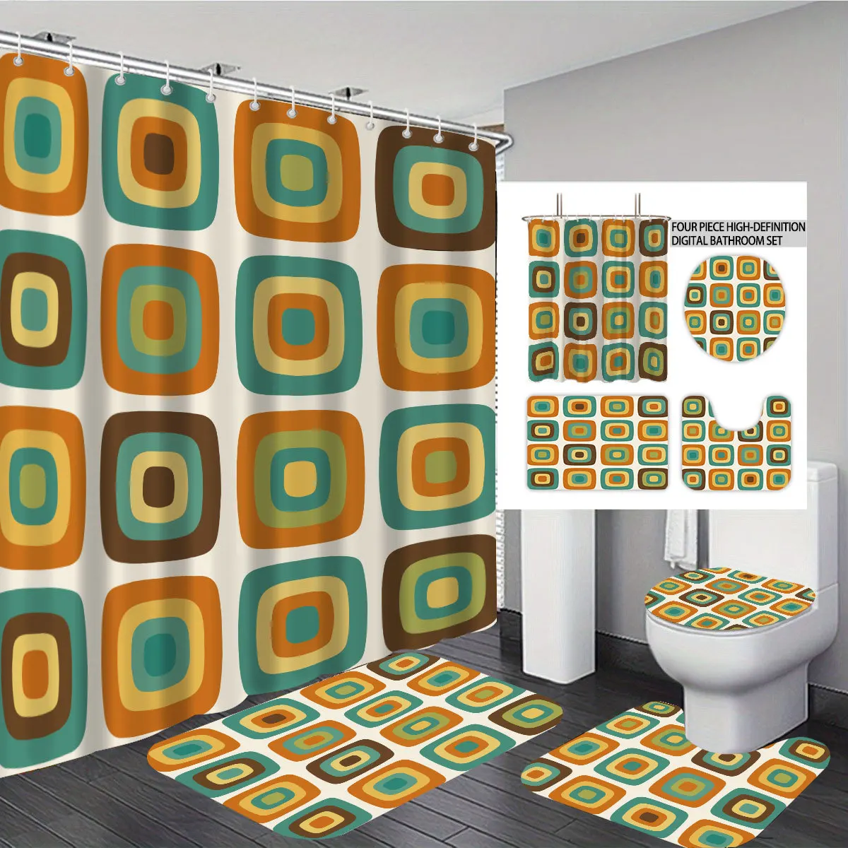 

1/3/4pcs Shower Curtain 3D Print Polyester Curtain for Bathroom Decor 4pcs Set Toilet Seat Cover Bathroom/U-shaped Floor Mat