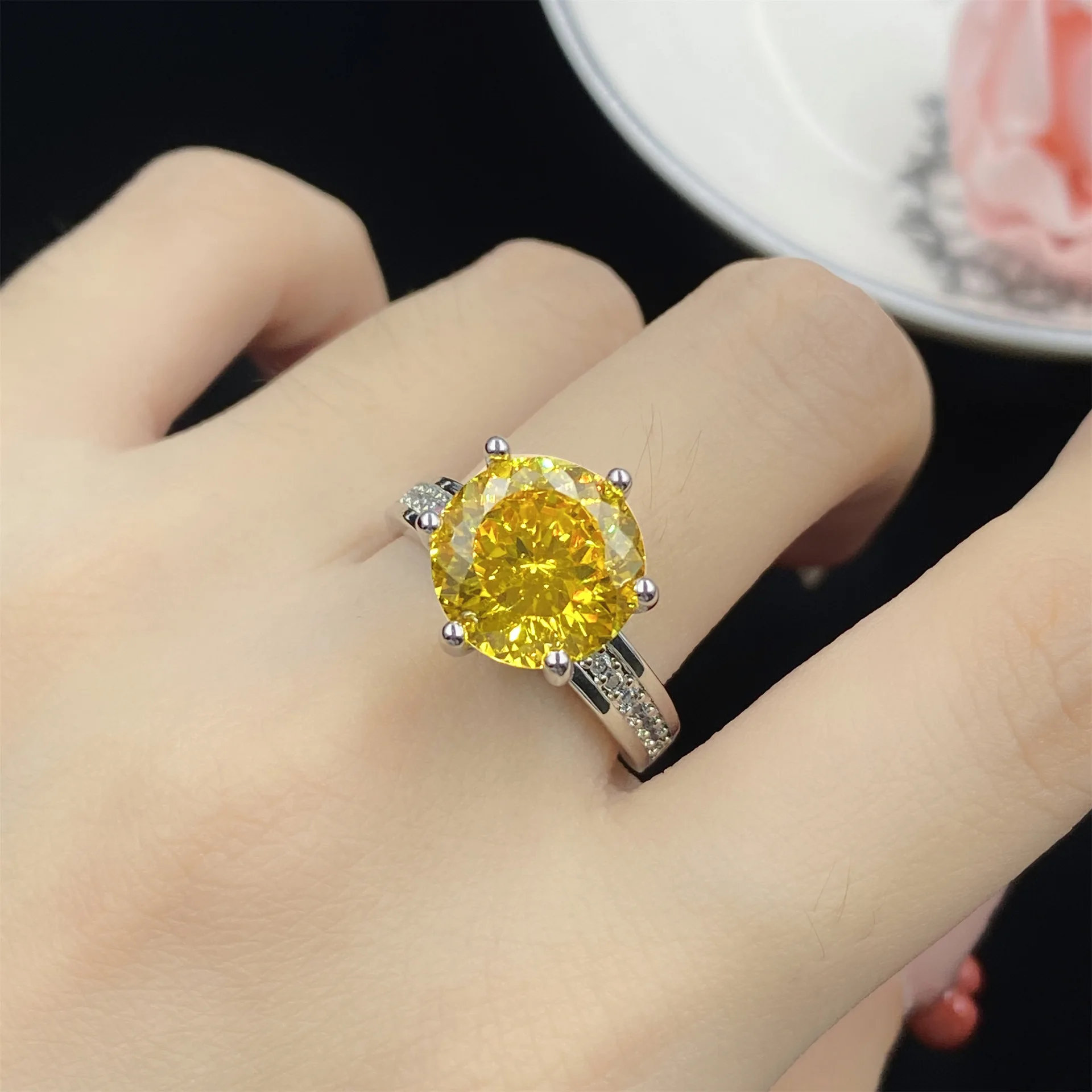 Classic Silver Color Inlaid Double Row Zircon Six Claw Open Ring For Women 5-carat Starry Sky Cut Yellow Circular Zirconia