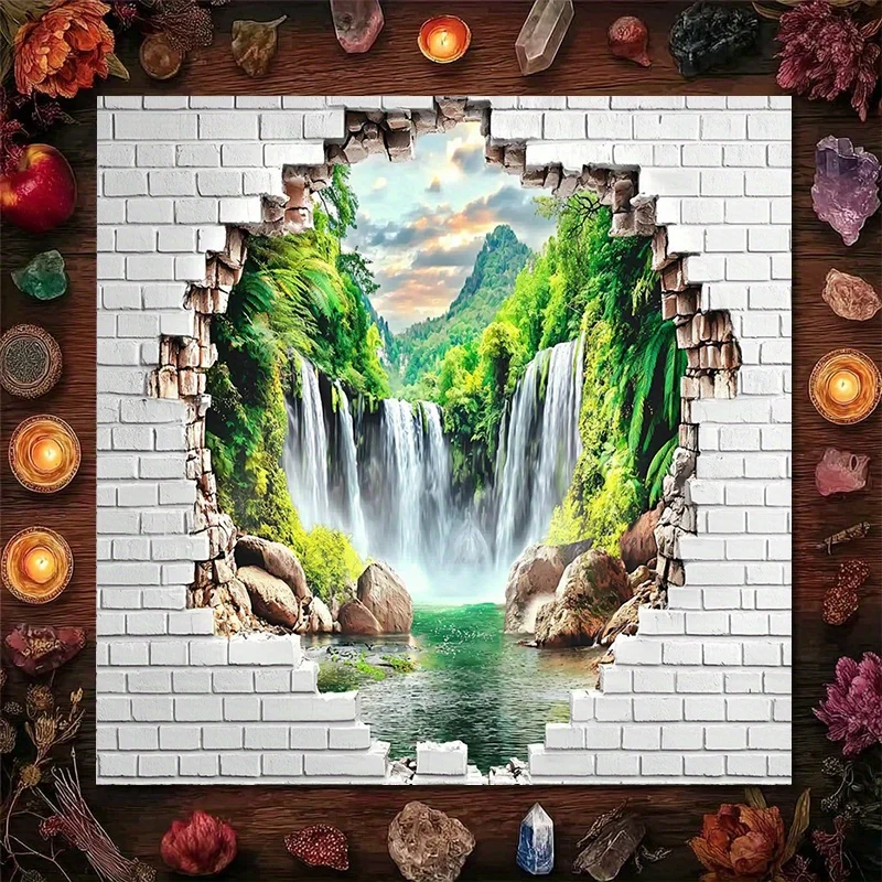Watercolor Waterfall Landscape Picture Frame Rustic Wood Background for Home Decor Gift 90x90cm