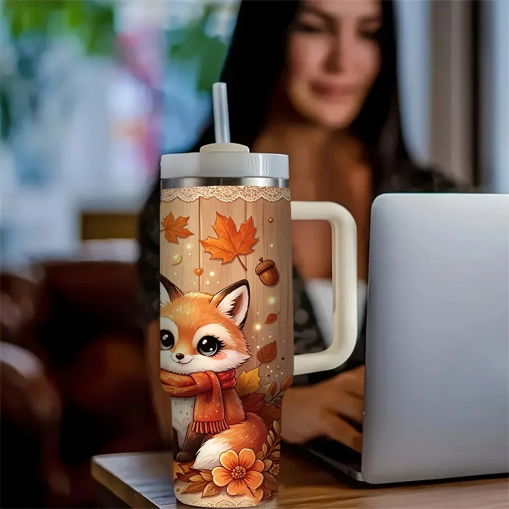 40Oz Tumbler with Handle, Cute Autumn Fox Fall Leaves Print Tumbler, Suitable for Women And Men for Daily Use, Perfect for Fall Outdoor Trips, Fits Both Hot And Cold Drinks