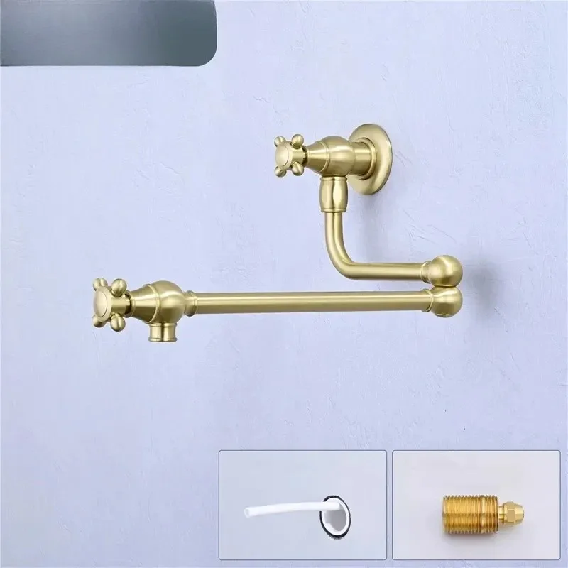 【2026】Brushed Gold Pot Filler Tap Wall Mounted Foldable Gray Kitchen Faucet Single Cold Sink Tap Rotate Folding Spout Gold Brass