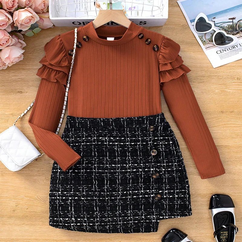 Two Piece Set Of Cute Button Decoration For Autumn And Winter Girls Fluffy Long Sleeved Round Neck Skirt Princess Party Dress