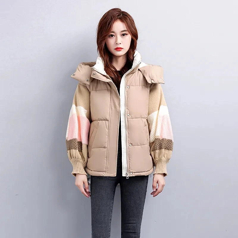 Womens Down Cotton Jacket 2023 New Winter Parkas Thciken Hooded Short Padded Coat Loose Korean Splice Outerwear Female Clothing