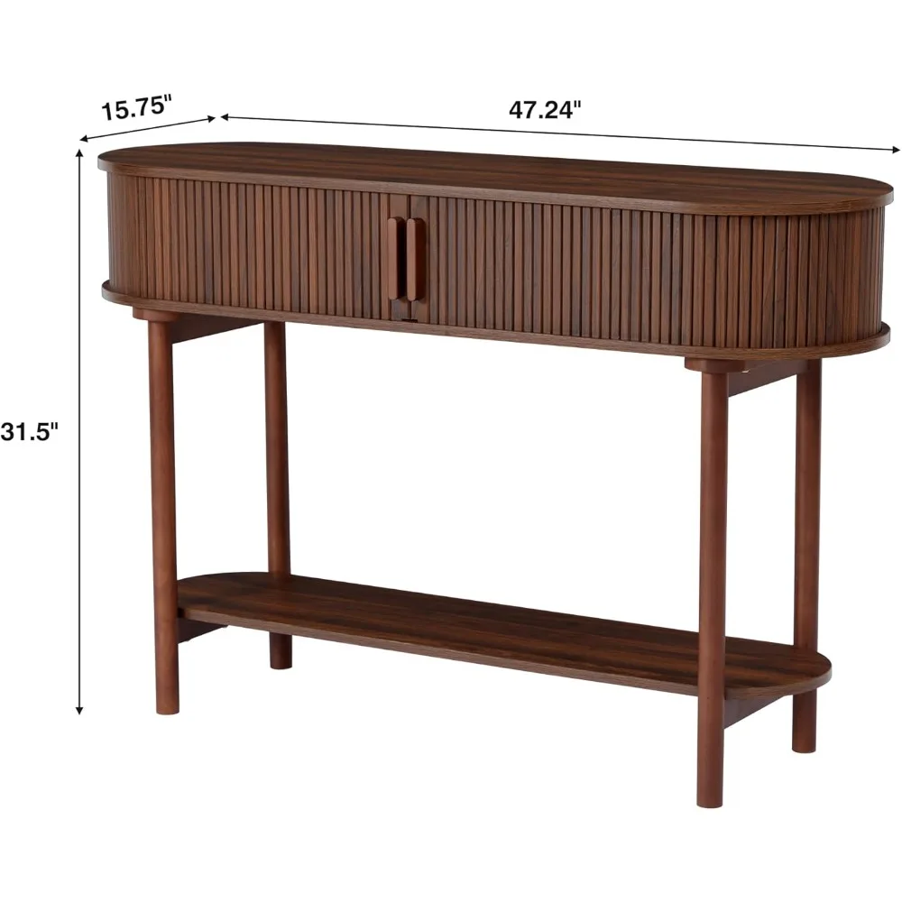 Fluted Console Table, Modern Entryway Table with Tambour Sliding Door, 2-Tier Sofa Table with Storage, Side Table Behind