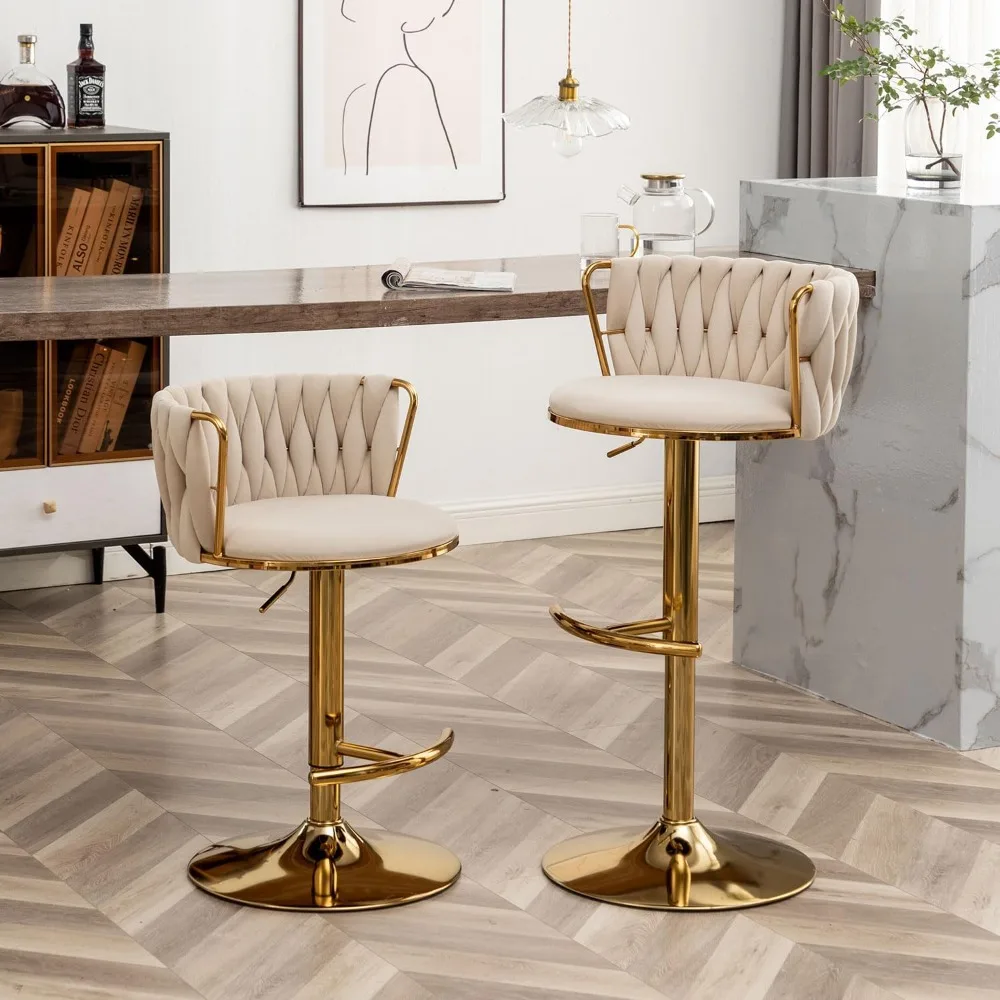 Gold Velvet Café Chairs Set of 4, Swivel Counter Height with Back, Adjustable Woven Barstools for Kitchen Island,Café Chairs