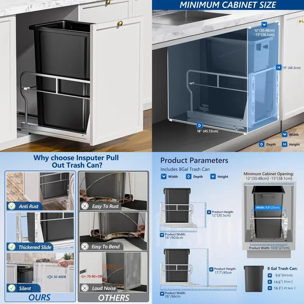 

Heavy-Duty Kitchen and Laundry Under-Cabinet Pull-Out Trash Can with Soft-Close Slides for Easy Garbage Disposal