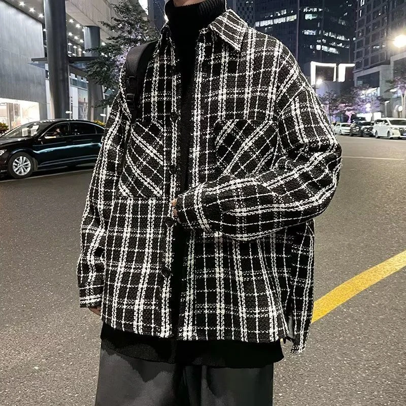 

Мужское модное шерстяное пальто, повседневная клетчатая рубашка с воротником, свободная куртка, модная верхняя одежда в уличном стиле на осень-зиму