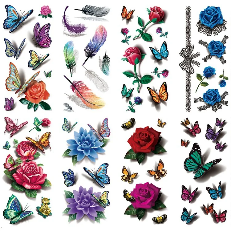 

200Pcs/Lot Cartoon 3D Bowknot Tattoos Stickers Stereo Rose Simulation Flowers Water-Proof Temporary Body Art HA1773