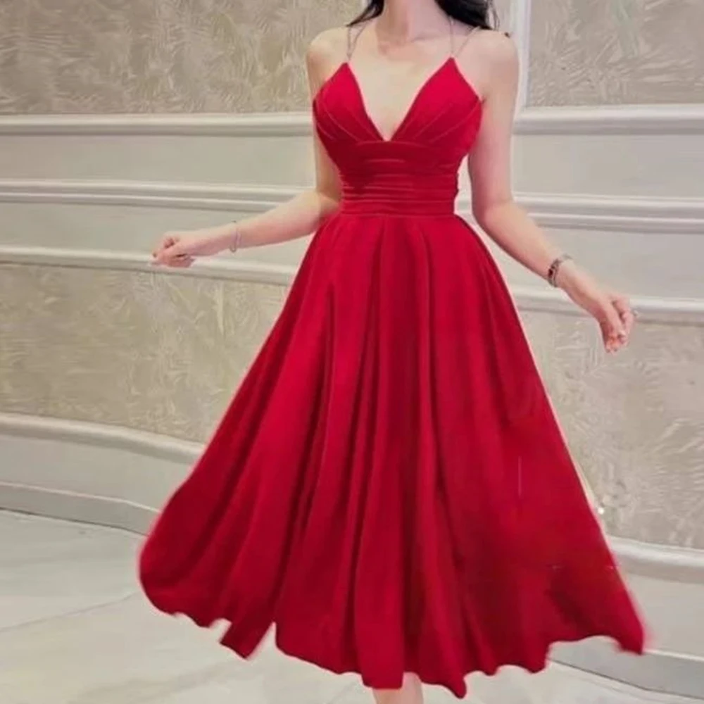 Red Satin A-Line Elegant V-Ncek Spaghetti Straps 2024 Evening Dress Tea Length Sexy Sleeveless Pleats Criss-Cross Party Gowns