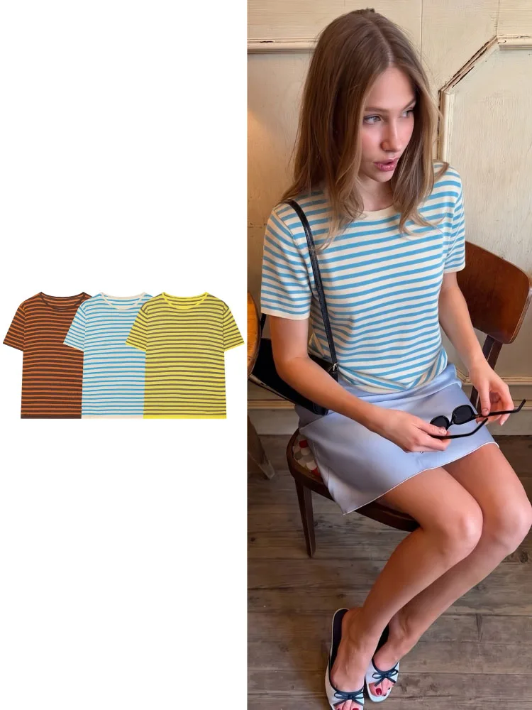 HH Women Summer Elegant Striped Knit T-Shirt Crew Neck Short Sleeve Slim Fit Soft Versatile Top For Holiday Dinner Date Party