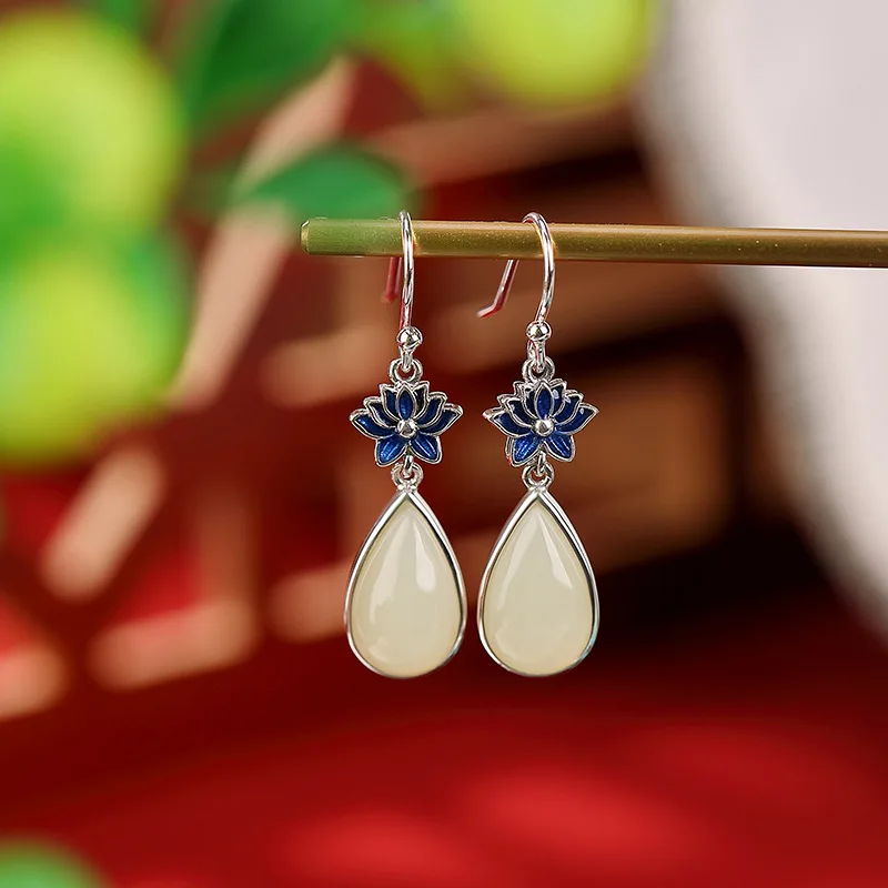 S925 Silver Hetian Jade Enamel Drop Earrings, New Style Vintage Temperament Ear Hooks