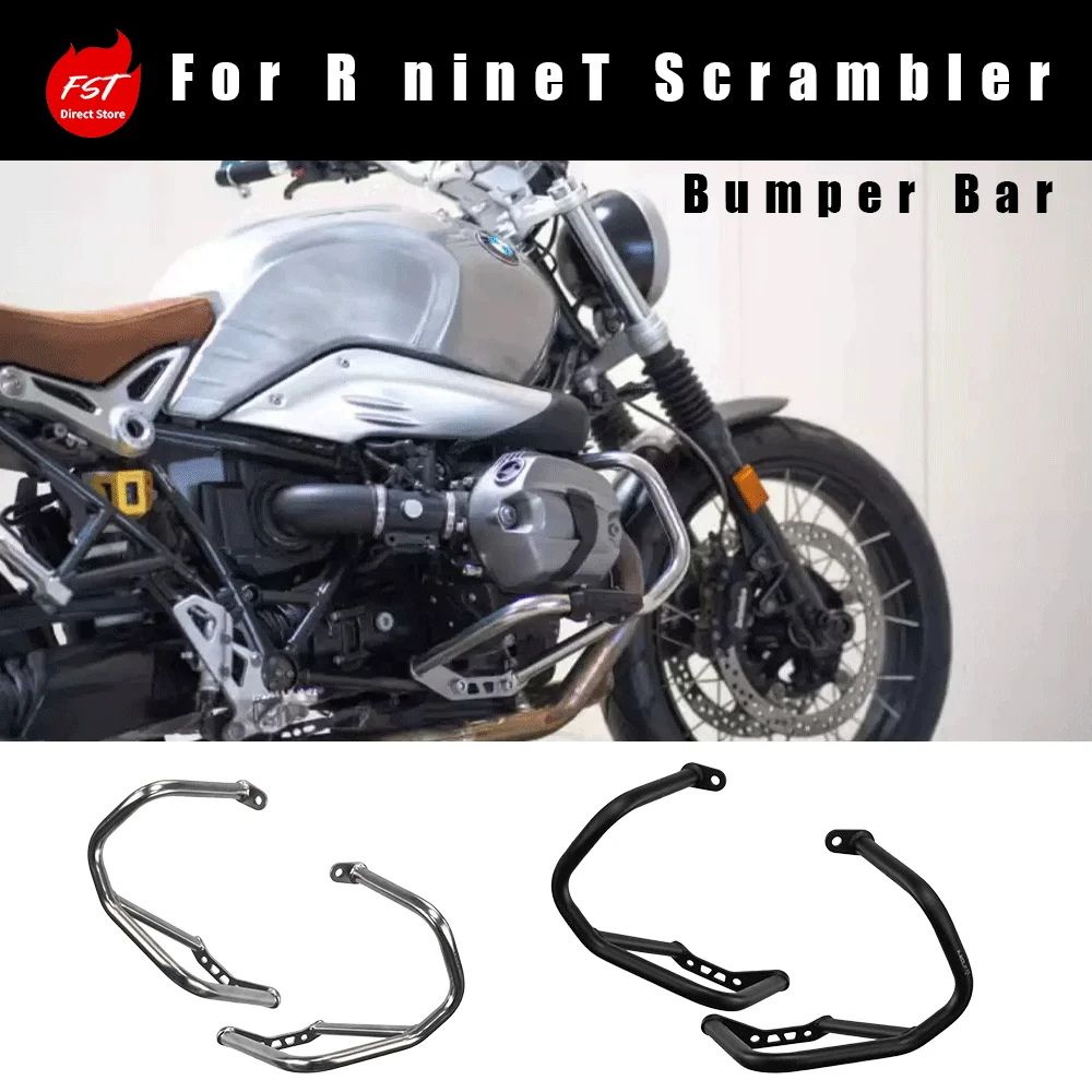 Modified stainless steel crash bars, radiator mesh guards and enlarged foot pegs for  R NineT Scrambler
