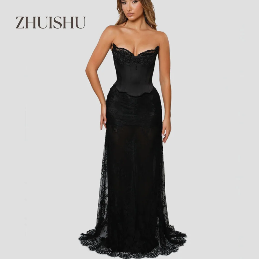 

ZHUISHU черное роскошное вечернее платье без бретелек с кружевом и цветочной аппликацией, прямое платье, платья для официальных мероприятий по индивидуальному заказу для женщин