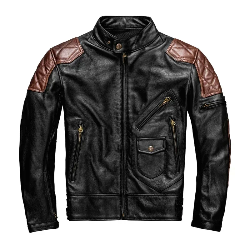 Men Motorcycle Jackets Cowhide Leather Jacket Natural Genuine Clothes Protectors Biker Clothing s Coat 3XL-5XL