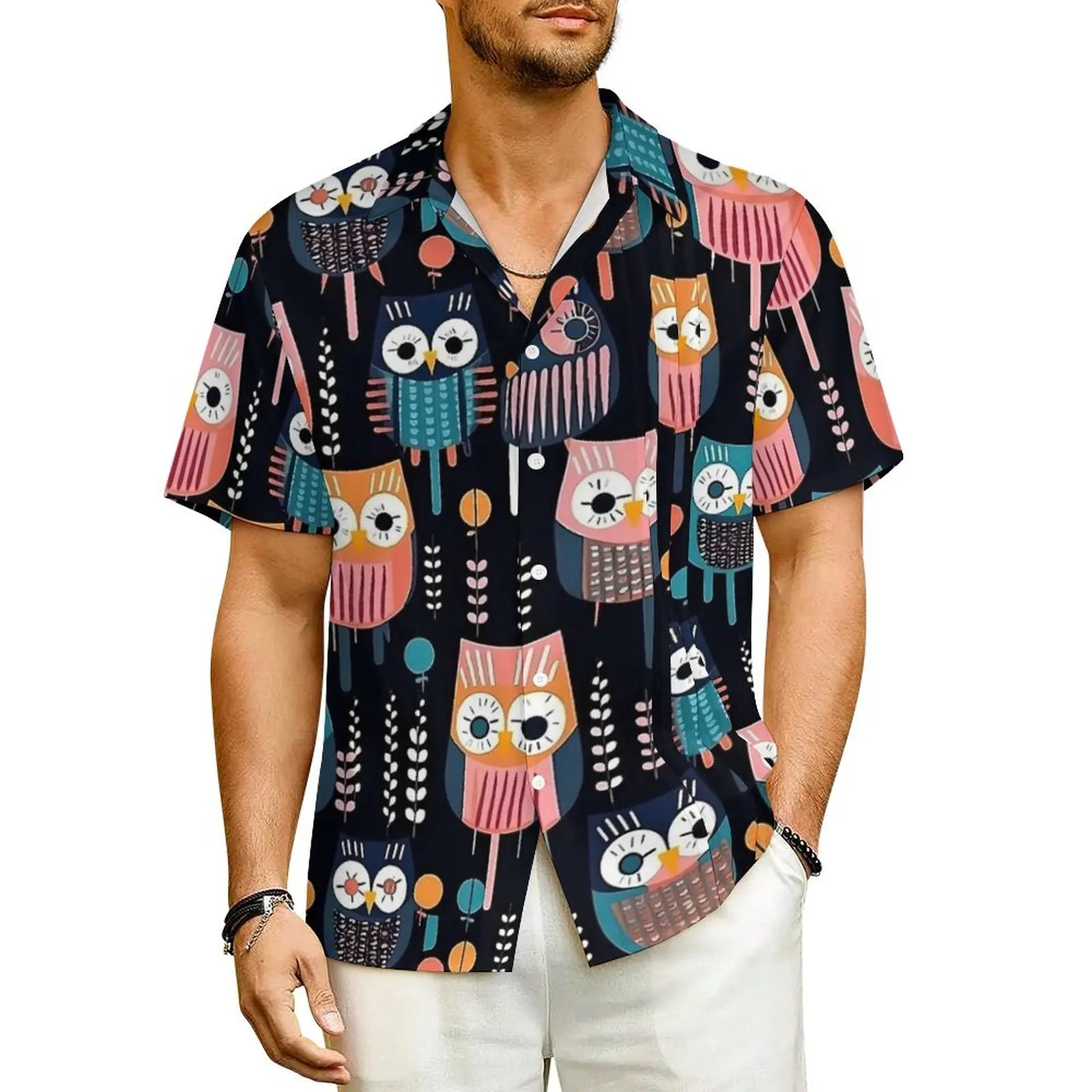 Geométrico negrito coruja férias camisa colorida animal havaí camisas casuais homens novidade blusas de manga curta confortável gráfico topos