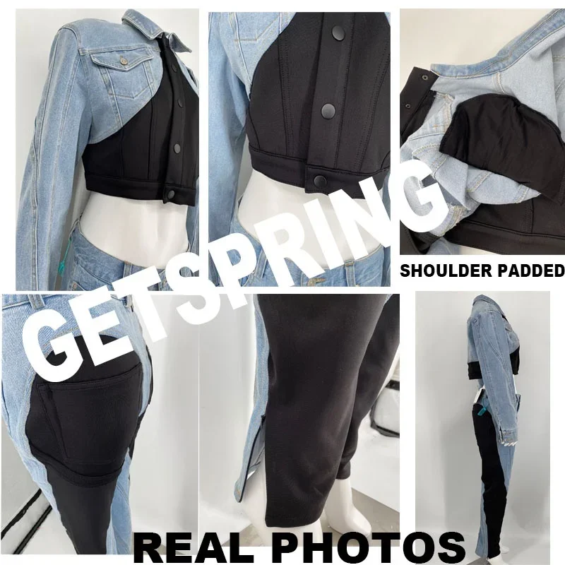 GetSpring celana panjang pensil Denim wanita, celana legging Jeans Vintage tambal sulam pinggang tinggi warna Cocok musim gugur 2024