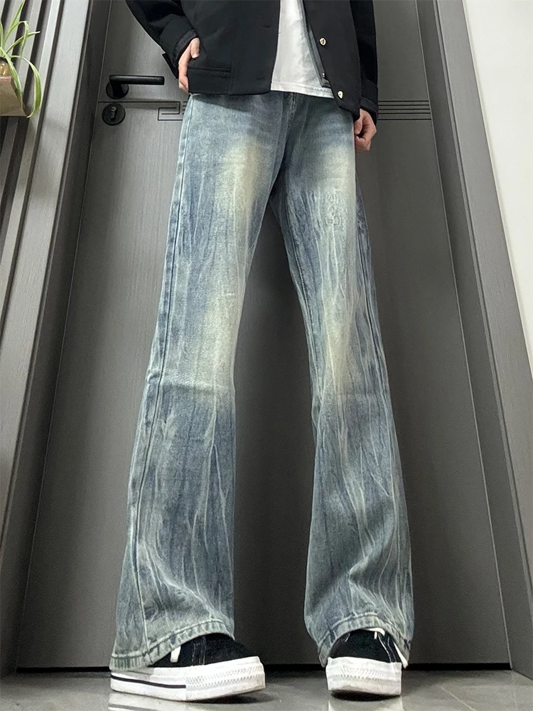

Retro Blue Bamboo Node Lightning Pattern Flared Jeans Men's Autumn Winter Fleece Lined Extended Straight Leg Pants