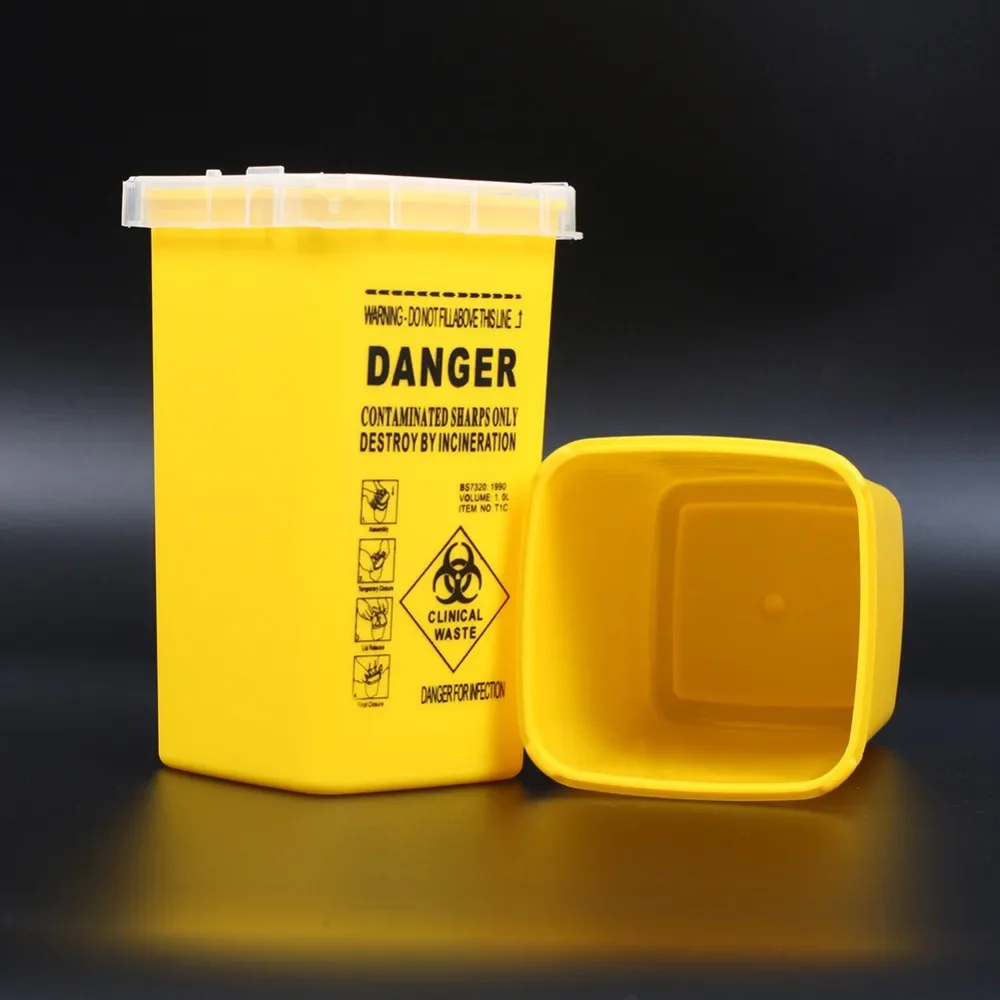 1PCS Yellow/Red Tattoo Medical Plastic Sharps Container Biohazard Needle Disposal 1L Size Waste Box For Tattooing Artists