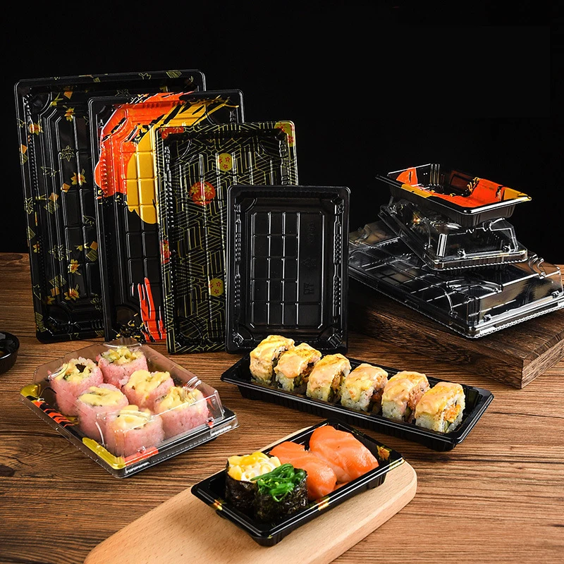 Recipiente rectangular de plástico para microondas, recipiente de impresión desechable de pp, artículo personalizado para llevar, ideal para restaurante, sushi, tra