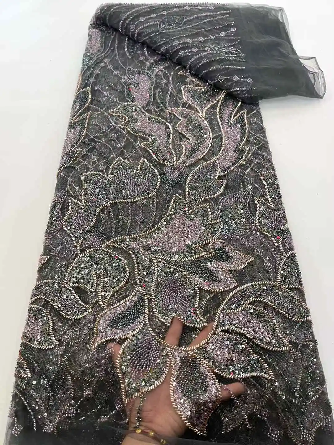 

2025 African French Nigerian High End Tulle Lace Fabric With Beads Sequins Mesh for Embroidery Wedding Party Bride Sewing Dress
