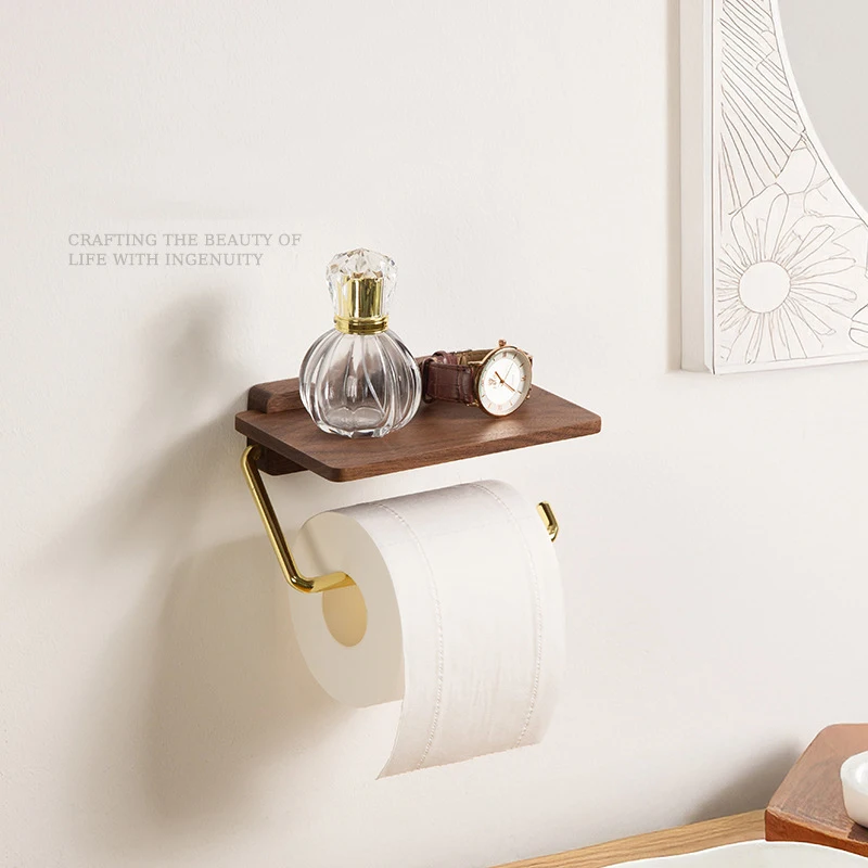 

HeMu Luxury Walnut Wood Toilet Paper Holder,No-Drill Wall Mounted Toilet Roll Holder,Bathroom Storage Rack for Phone,Perfume