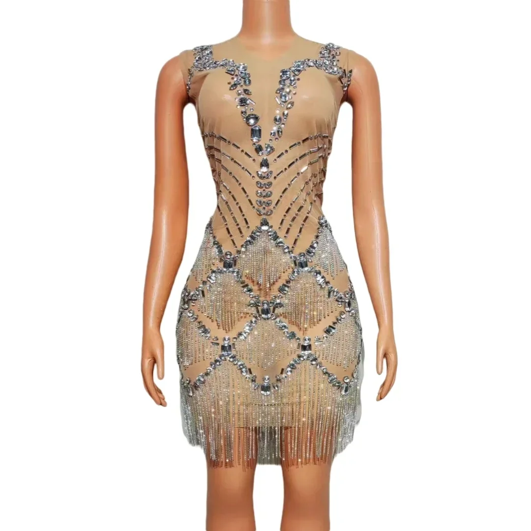 Kobiety urodziny królowa luksusowe Rhinestone wiertła łańcuszek przezroczysta siateczka krótka sukienka piosenkarka tancerz brokatowy kostium świętuj szykowny