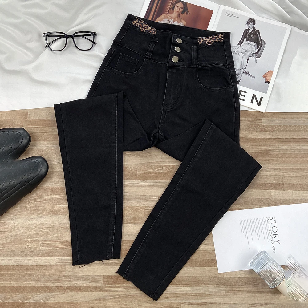 Trendy Black Slim Pencil Pants Women Fashion High Waist Three Row Button Skinny Denim Pants Leopard Print Patchwork Jeans