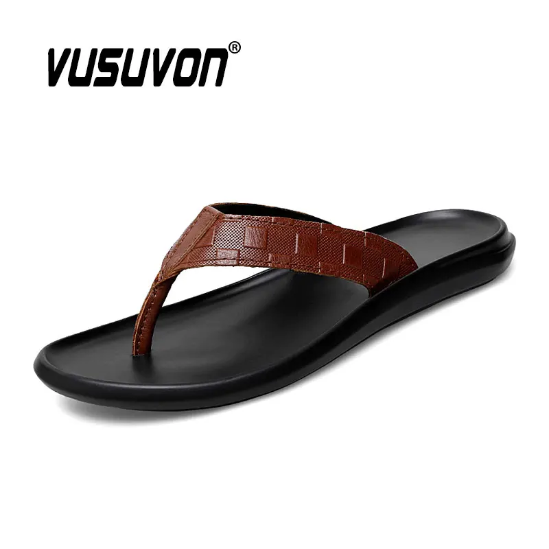 High Quality Brand Men Genuine Cow Leather Flip Flops Summer Beach Fashion Breathable Casual Black Slippers Outdoor Water Shoes