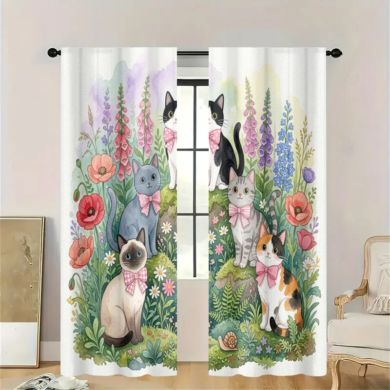 Whimsical Watercolor Cat Floral Curtain Panel Semi-Sheer Cottagecore Window Drapery Nursery Kids Kitchen Bathroom Decor Art