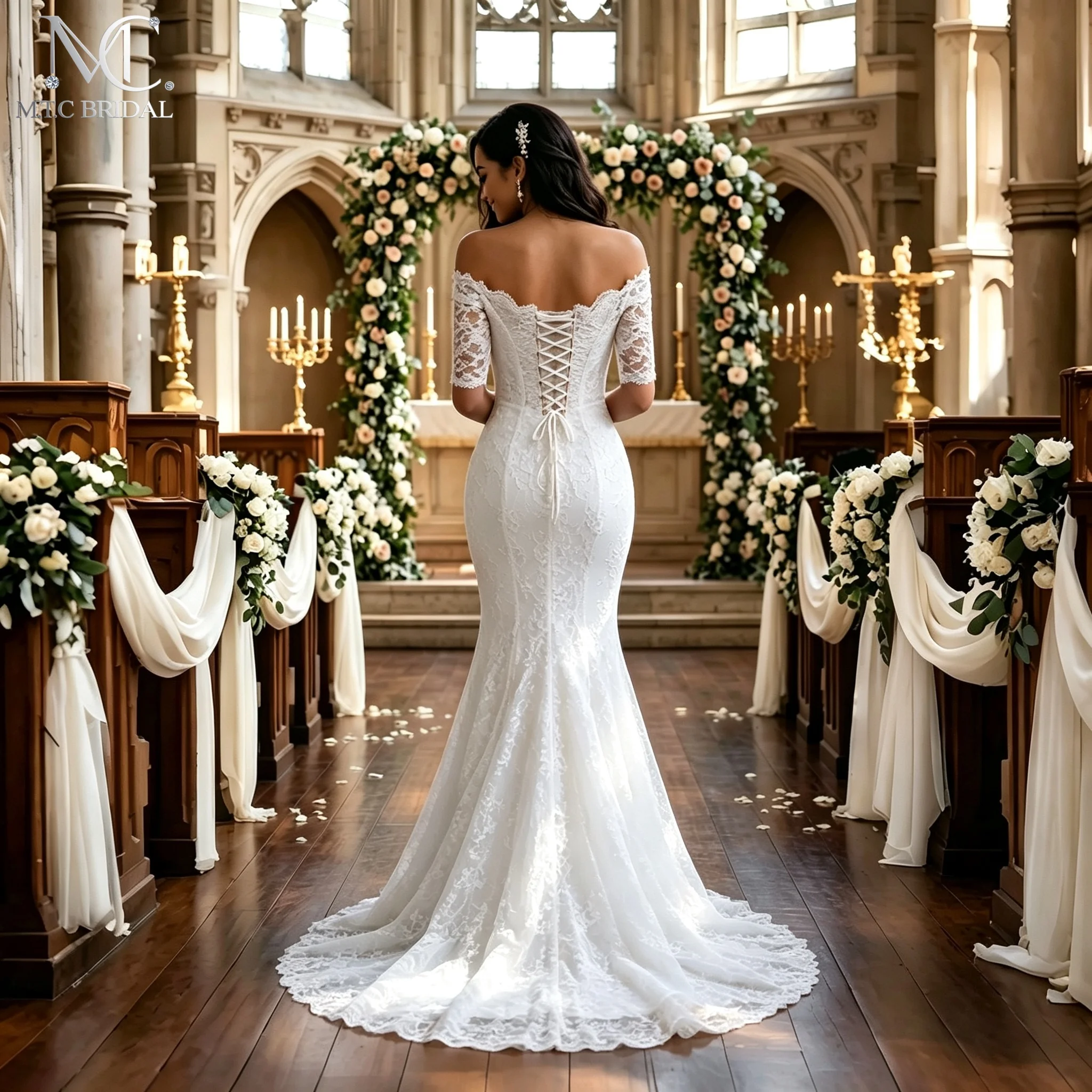 Elegant Lace Mermaid Wedding Dresses Off‑the‑Shoulder Half Sleeve Bridal Gown For Church Wedding Vestido De Noiva Robe De Mariee