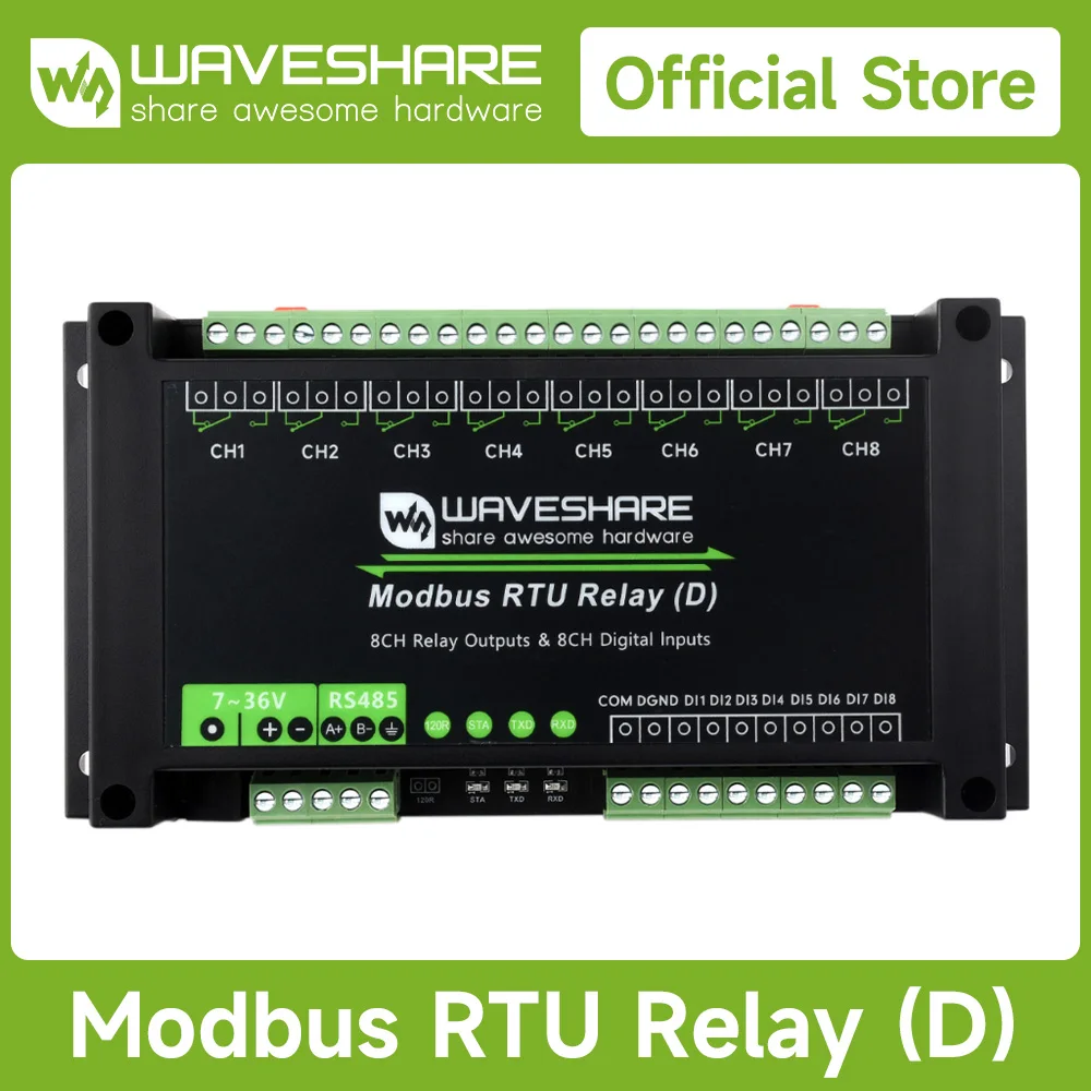 Waveshare Industrial Modbus RTU 8-ch Relay Module (D) With Digital Input and RS485, Modbus RTU Protocol, 7~36V Power Supply
