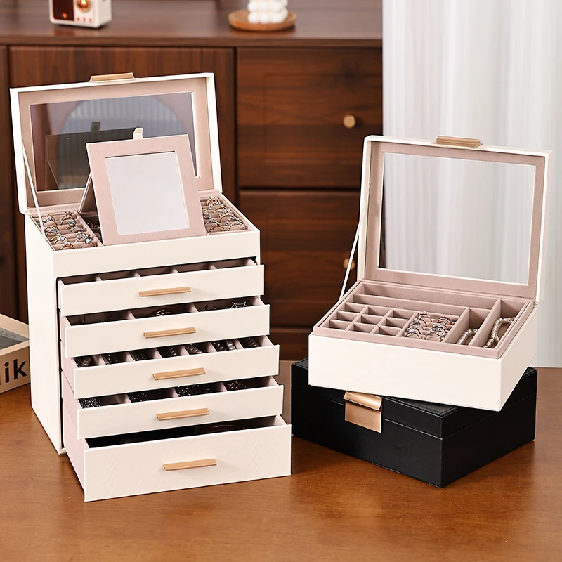 Multi-layer Jewelry Storage Box with Clear Lid & Mirror, Large Capacity Drawer Type PU Leather Jewelry Organizer for Rings Earri