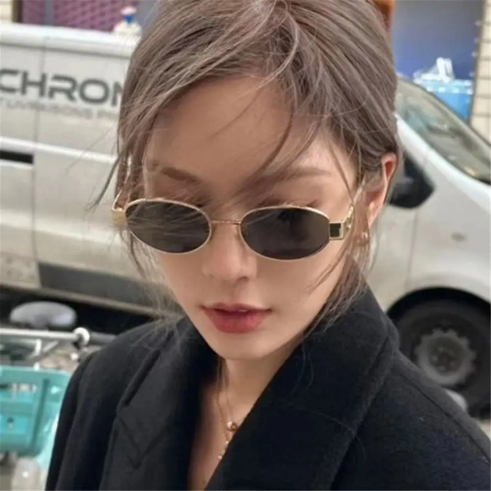 Fashion Metal Frame Oval Sunglasses UV400 Protection Punk Black Shades Y2k Sun Glasses for Women & Men