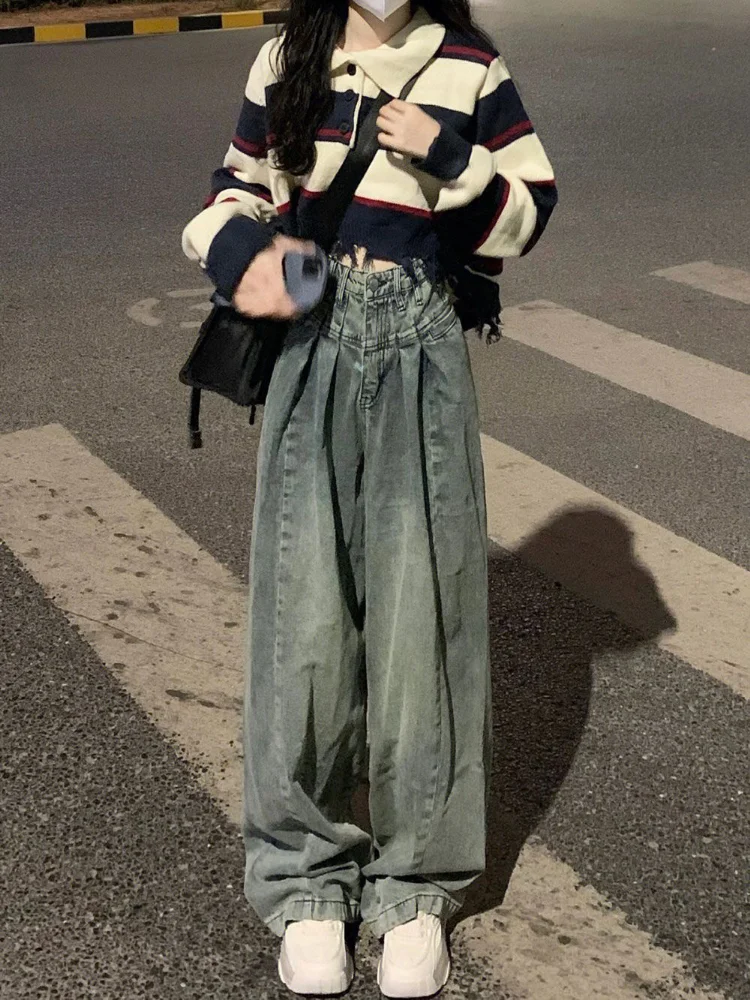 Baggy Mopping Jeans Women Ulzzang BF Young Schoolgirls Streetwear Chic All-match Wide Leg High Waisted Vintage Casual