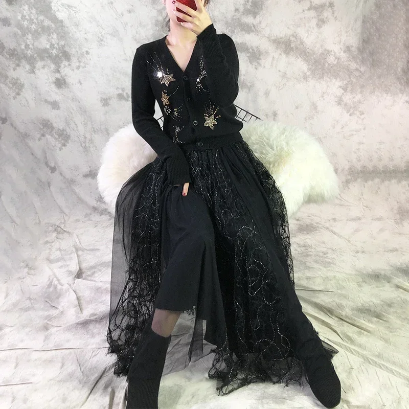 New Heavy fairy skirt line black velvet beads yarn yarn long pleated skirts female ins super fire of tall waist net veil