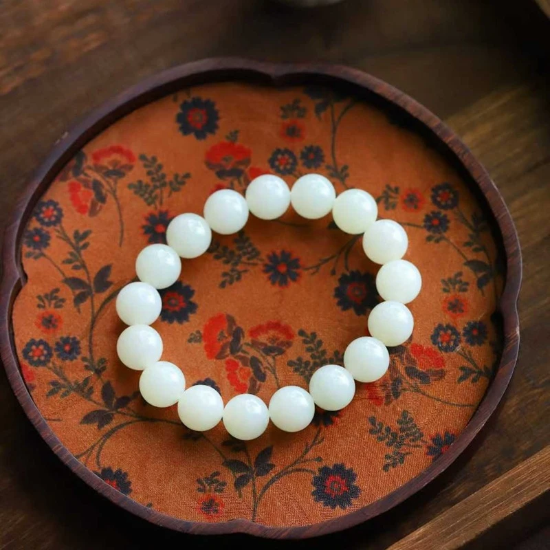 Natural Hotan Russian Old Material Jade Beads Round and Smooth Bracelet