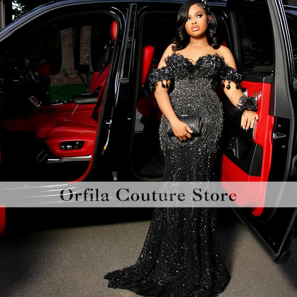 Black Dresses for Prom Mermaid Off Shoulder Rhinestones Crystal Formal Evening Dress Birthday Party Gala Customized