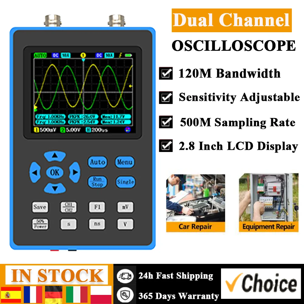 120M Bandwidth Portable Dual Channel Oscilloscope 2.8 Inch Display 10mV Minimum Vertical Sensitivity FFT Spectrum Analysis