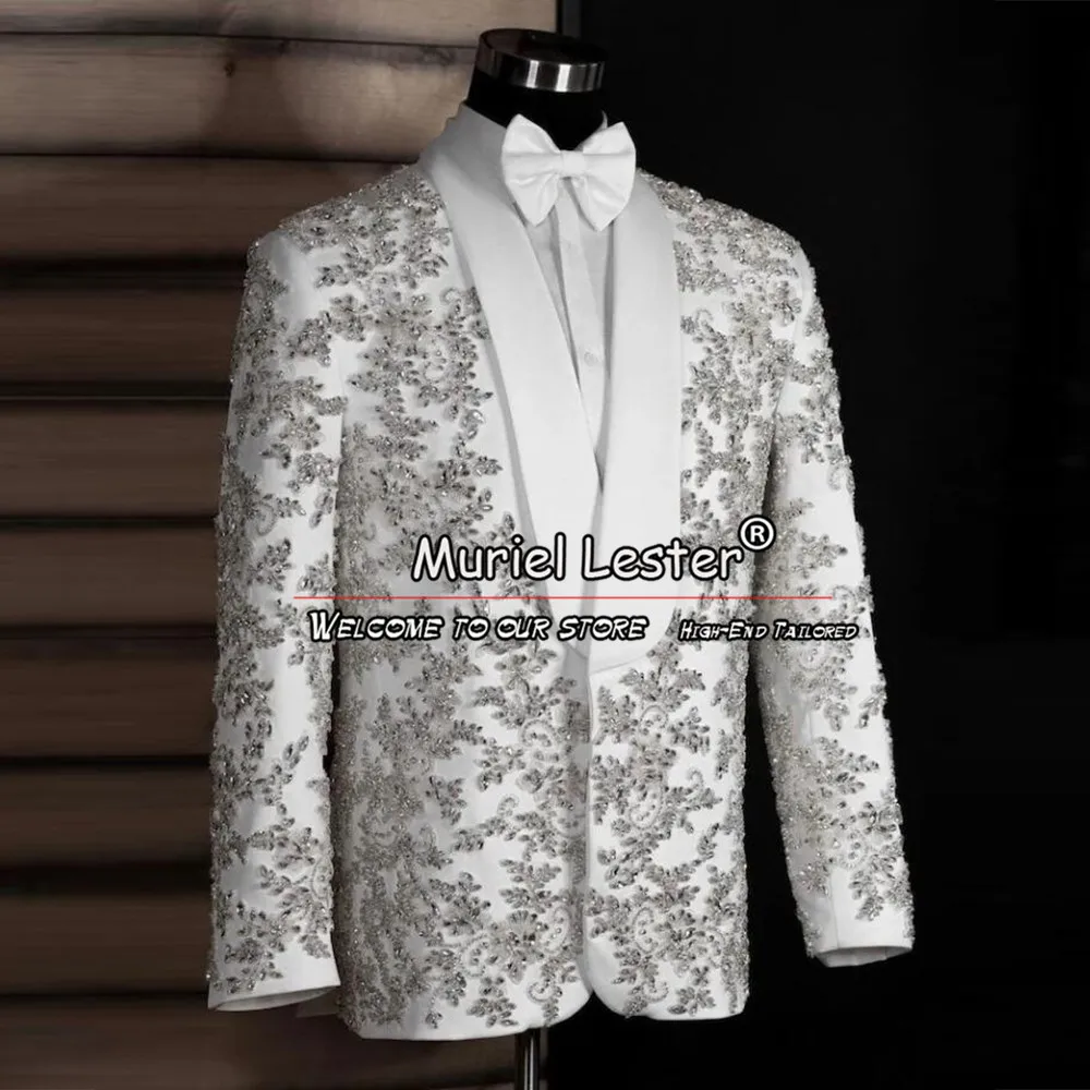 Luxurious Groom Wedding Suits For Men Metal Embellished Appliques Beading Man Suit Pants Slim Fit Trajes elegante para hombres