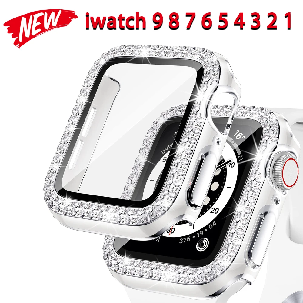 

Glass+Cover For Apple Watch Case 40mm 44mm 45mm 41mm 38mm 42mm Accessories Diamond+Screen Protector iWatch Series 9 SE 8 7 6 5 4