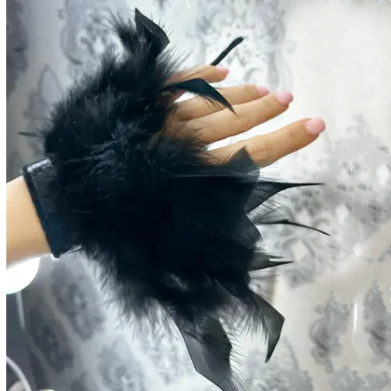 Women Natural Fur Feather Cuffs Sexy Cuffs With Feathers Feather Cuff Snap Bracelet Sleeves Wrist Arm Removable Shirt